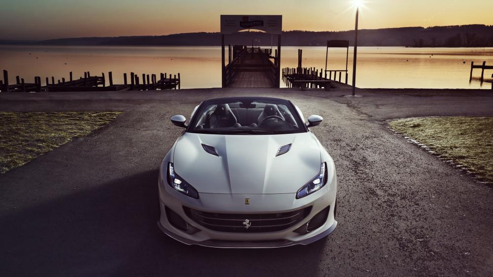 Ferrari Portofino Supercar at Sunset Lakeside Pier in 4K wallpaper