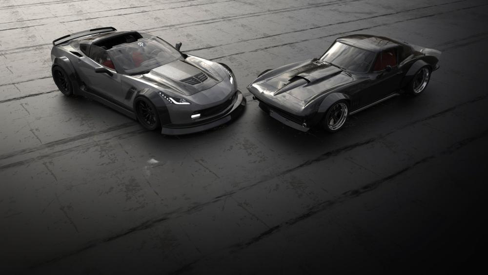 Monochrome Corvette Duo Modern Muscle Meets Classic Stingray Elegance wallpaper