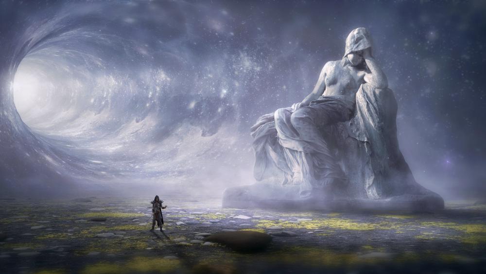 Dreamer Titan Statue Beneath a Celestial Storm wallpaper