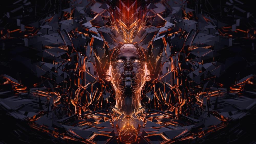 Neon Shard Oracle Emerging From Cybernetic Darkness wallpaper