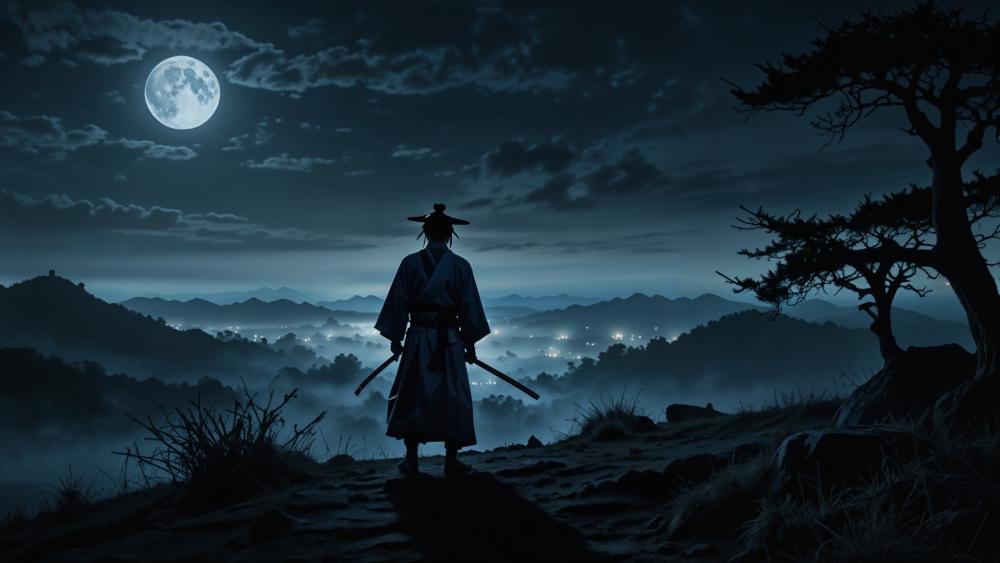 Moonlit Vigil of the Lone Samurai at Dusk wallpaper