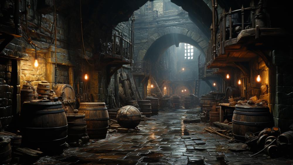 Lanternlit Medieval Alley of Barrels and Cobblestone Shadows in 5K wallpaper