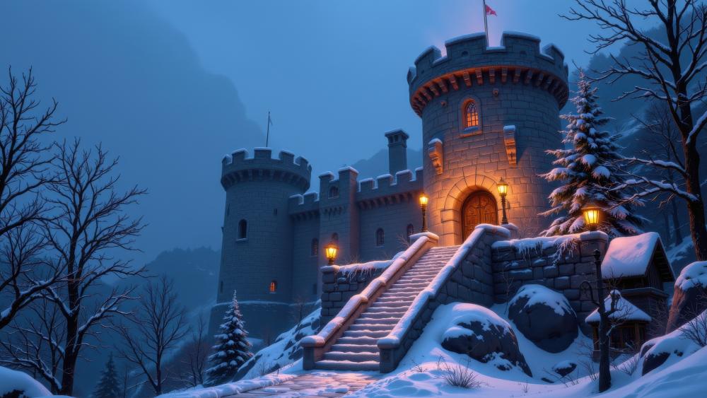 Moonlit Winter Château of the Silent Guardians wallpaper