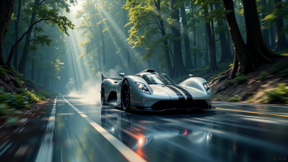 Sunlit Forest Sprint on Wet Asphalt with Futuristic Supercar wallpaper