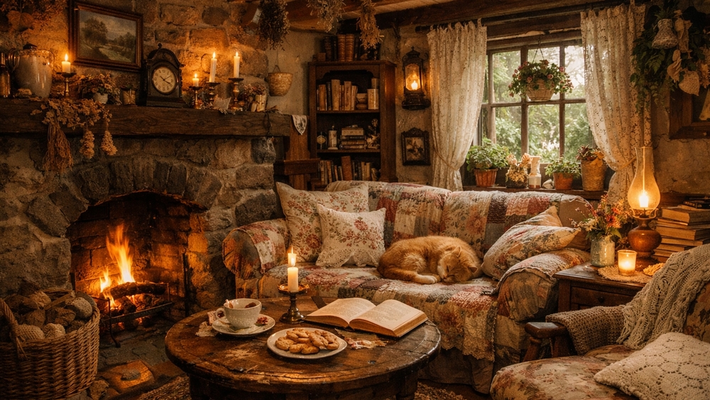 Candlelit Hearth Haven with Sleeping Ginger Cat and Storybook Charm wallpaper