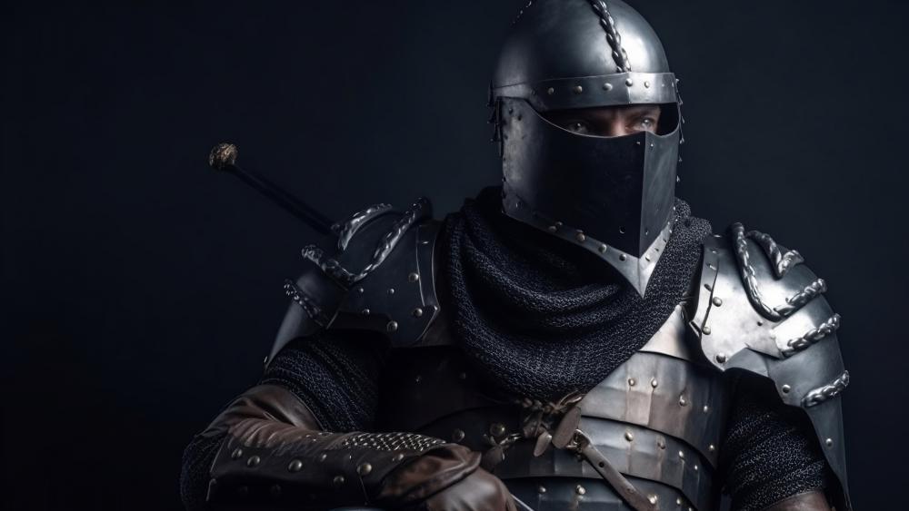 Shadowed Steel Knight in Midnight Armour with Sword and Chain Mail wallpaper