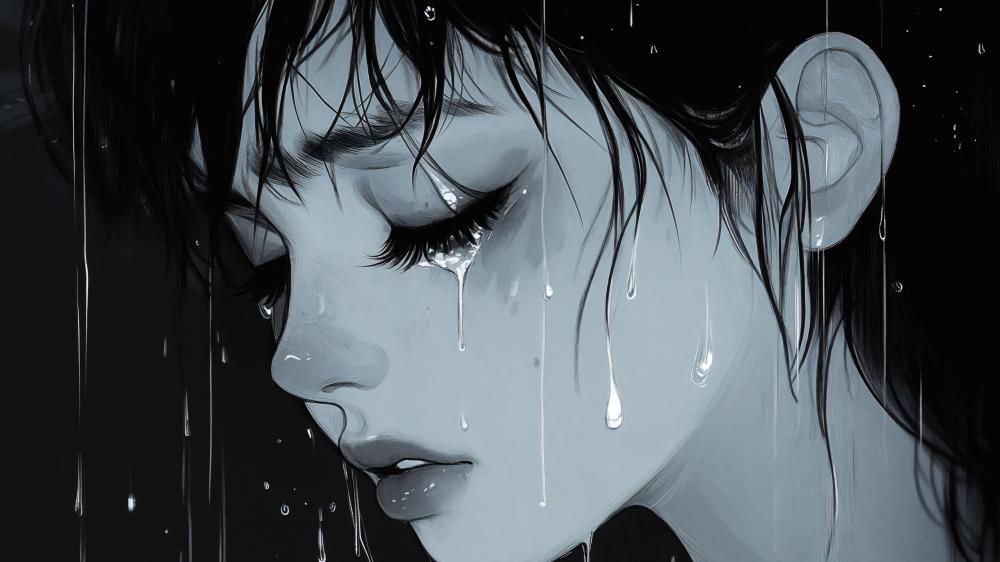 Monochrome Tears of a Lonely Anime Girl in the Rain wallpaper