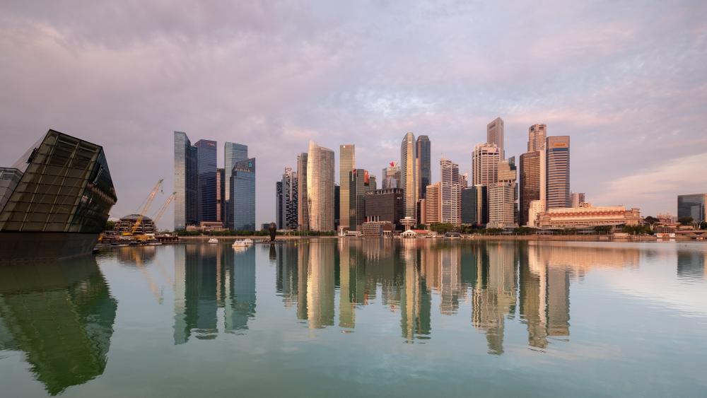Marina Bay Singapore Skyline Reflections at Golden Hour in 5K wallpaper