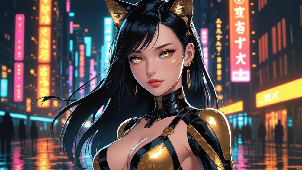Neon Rain Nekomimi Guardian in Glossy Latex Armor wallpaper