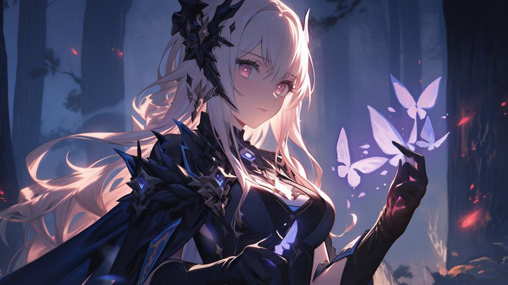Moonlit White Haired Anime Girl Summoning Butterflies in Mystic Forest wallpaper