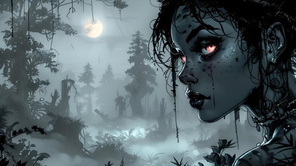 Moonlit Demoness in Monochrome Misty Forest wallpaper