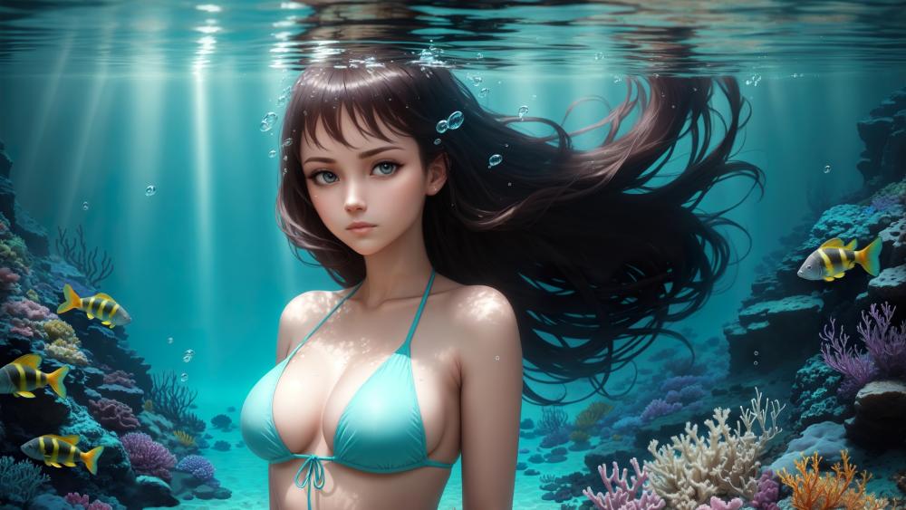 Serene Underwater Anime Girl Among Coral Reefs and Sunlit Blue Depths wallpaper