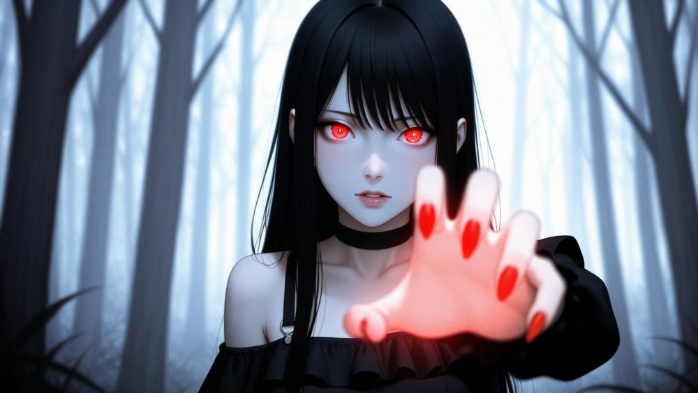 Crimson Gaze Gothic Witch in Misty Forest wallpaper
