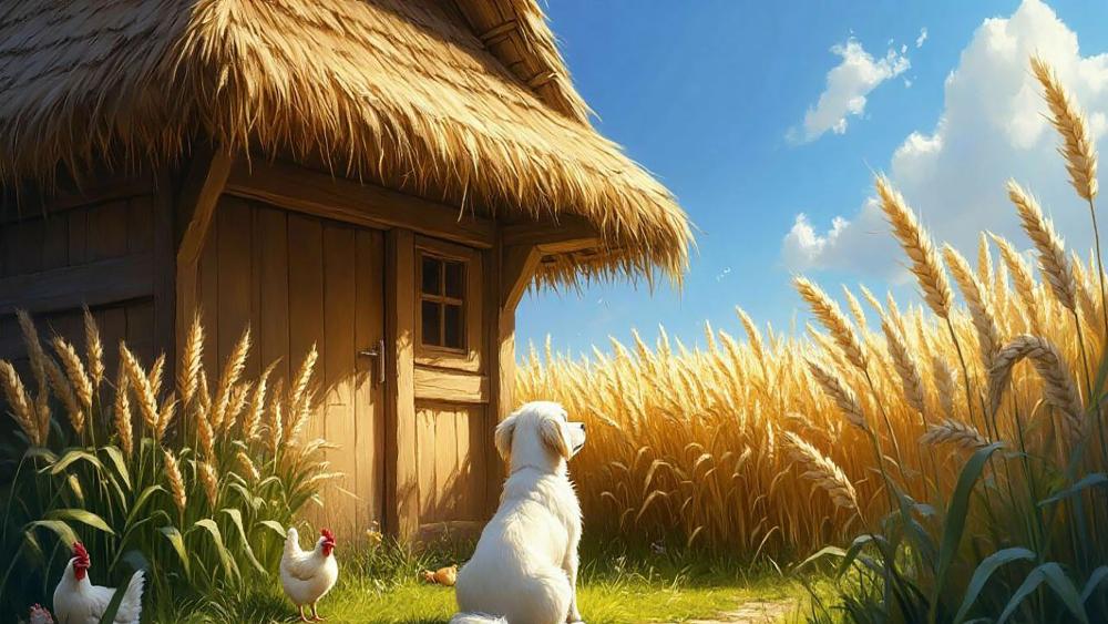 Sunlit Wheatfield Serenity With Loyal Anime Dog Beside Rustic Hut wallpaper