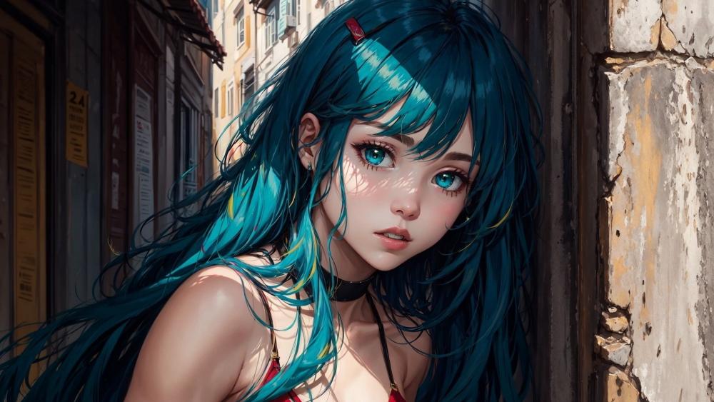 Blue Haired Anime Girl in Sunlit Alley Dreamscape wallpaper