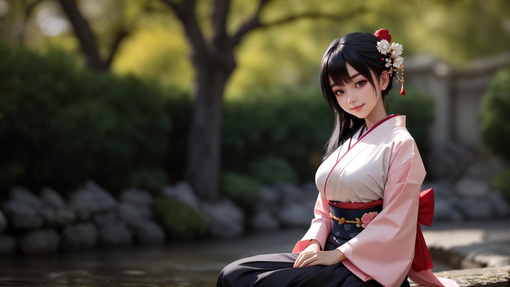 Serene Kimono Girl by the Riverside in Soft Spring Light wallpaper