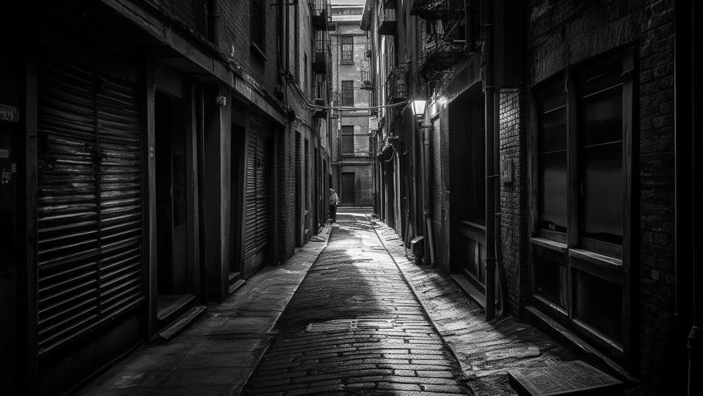 Midnight Monochrome Cobblestone Alley in a Silent City wallpaper