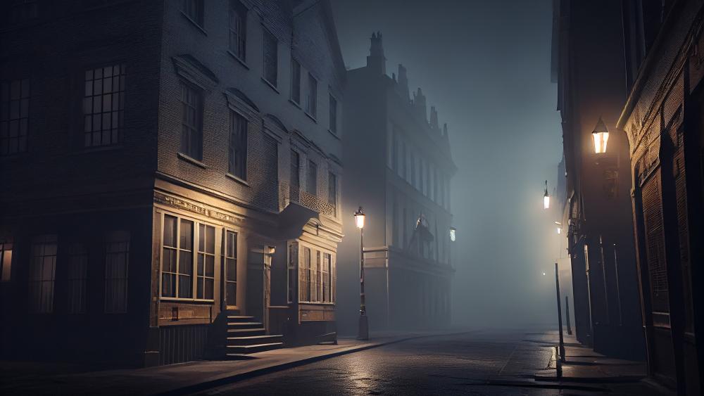 Lanternlit Fog Street in a Silent Fantasy City Night wallpaper