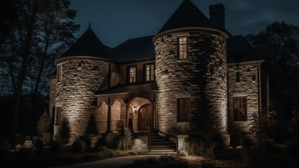 Moonlit Stone Mansion with Castle Towers in Deep Night wallpaper
