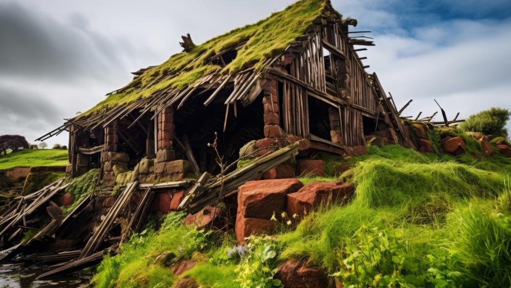 Forgotten Grass Roof Ruins on a Windy Hillside wallpaper