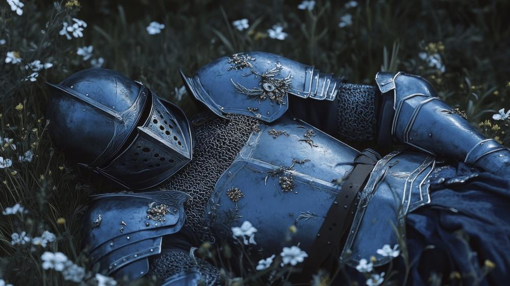 Fallen Moonlit Knight Resting in Wildflower Meadow 4K Fantasy Art wallpaper