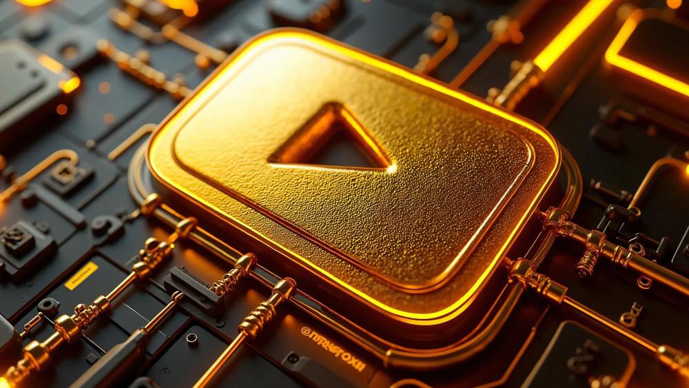 Golden Play Button Circuit Core in Futuristic 4K Techscape wallpaper