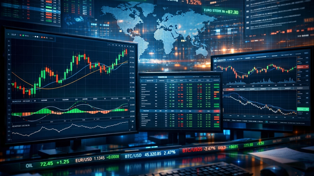 AI Trading Command Center with Live Market Charts and Global Data Feeds wallpaper