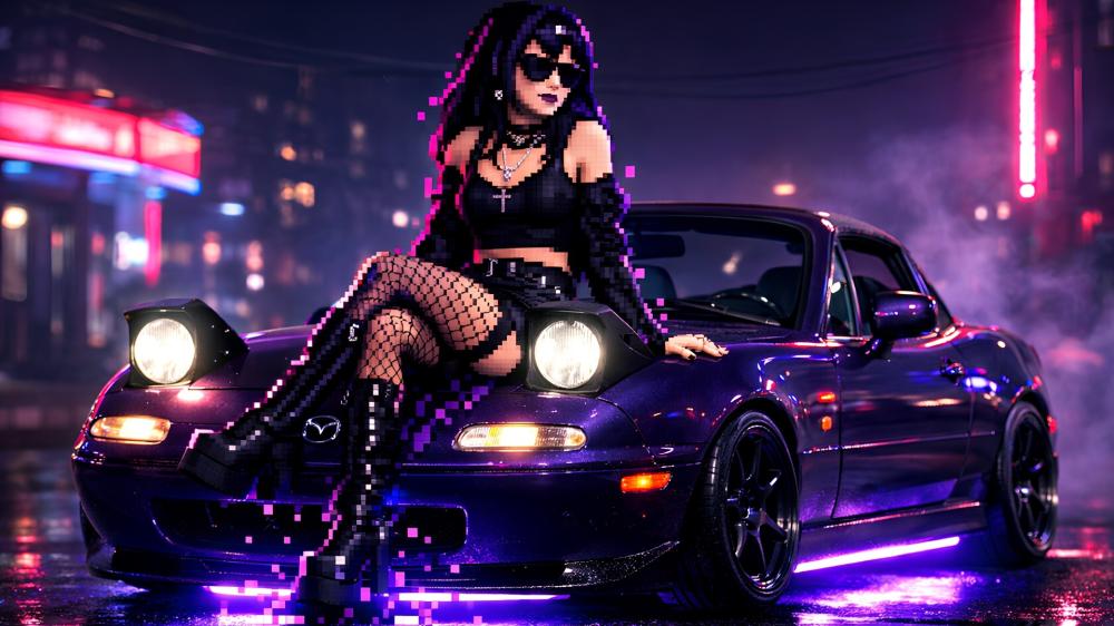 Neon Gothic Night Ride Pixel Art Mazda MX 5 Miata wallpaper