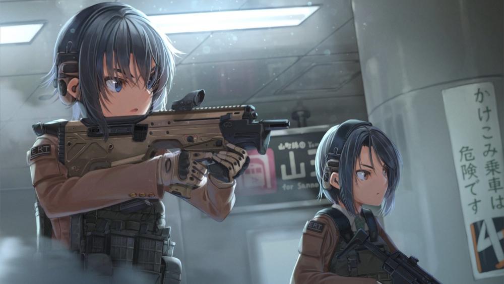 Tactical Anime Soldiers Holding Rifles in a Rainy Station Standoff wallpaper