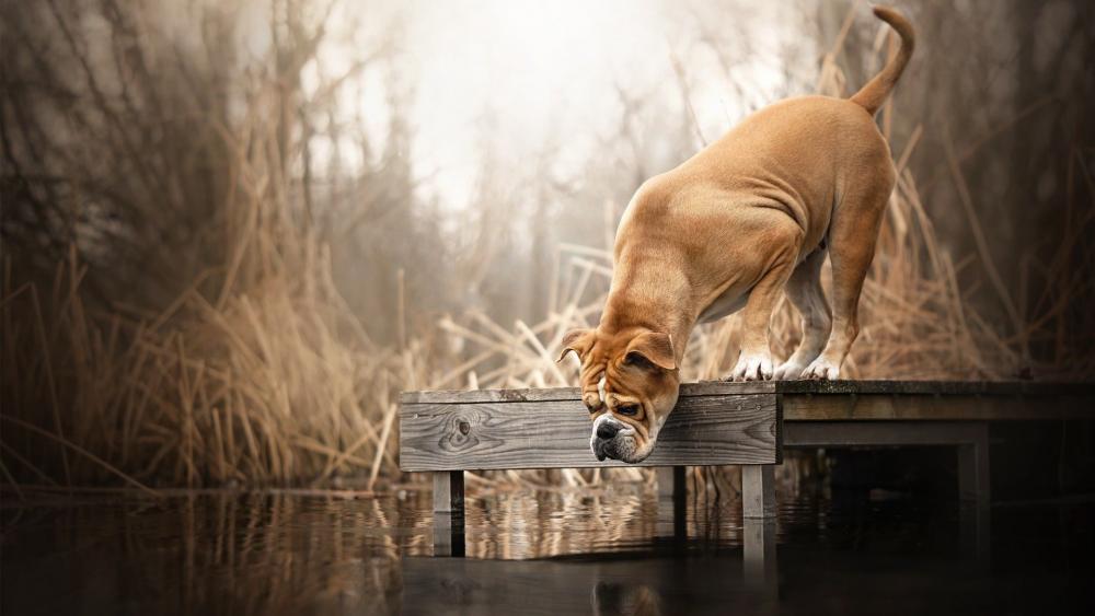 Curious Bulldog Exploring a Quiet Waterside Dock wallpaper