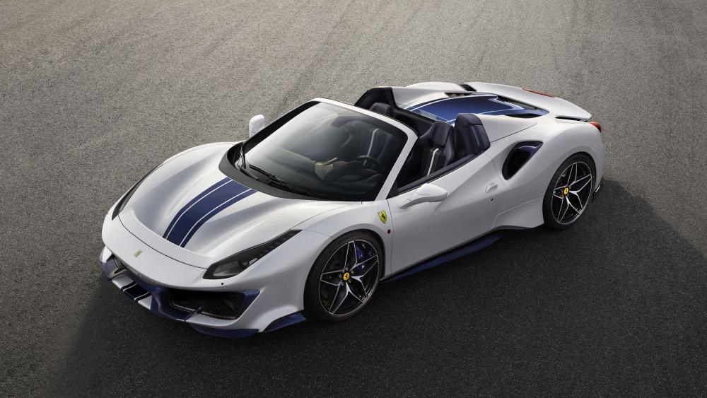 White Ferrari 488 Pista Spider with Blue Stripes 4K Wallpaper wallpaper