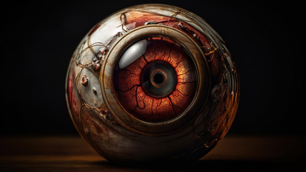Cybernetic Crimson Eye Sphere in Dark Abstract 5K wallpaper