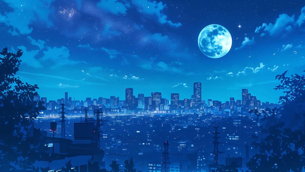 Moonlit Blue Horizon Above a Quiet Anime City Skyline wallpaper