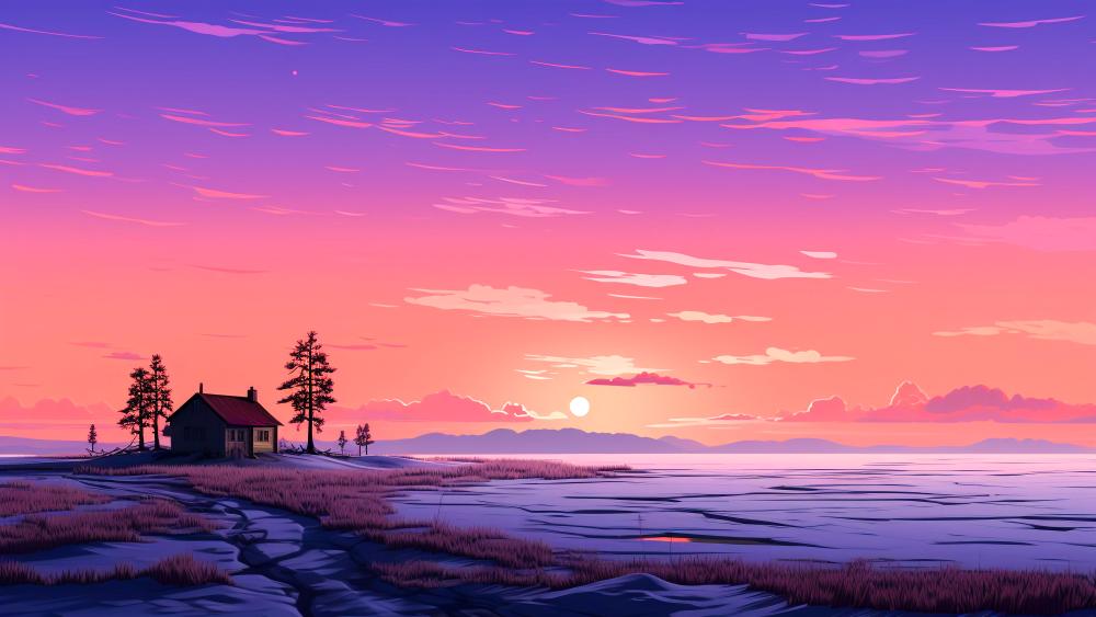 Solitary Lakeside Cottage Under a Dreamy Pink Anime Sunset wallpaper