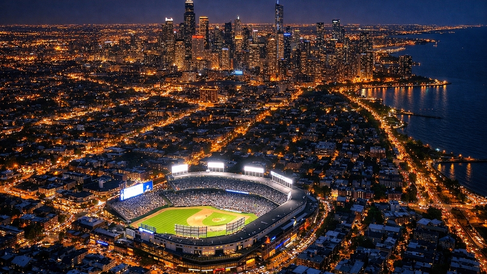 Neon Metropolis Night Stadium Glow Beside the Waterfront Skyline wallpaper