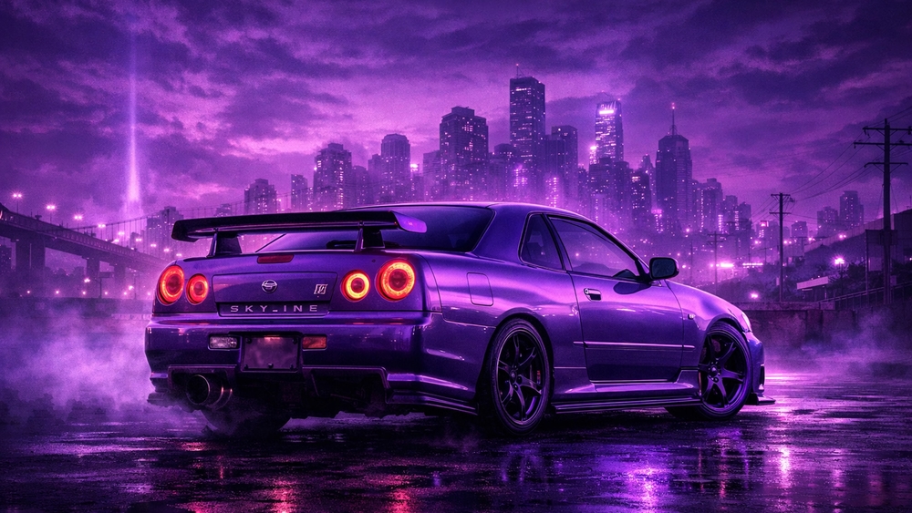 Purple Neon Skyline Drift Night Over Rainy City Streets wallpaper