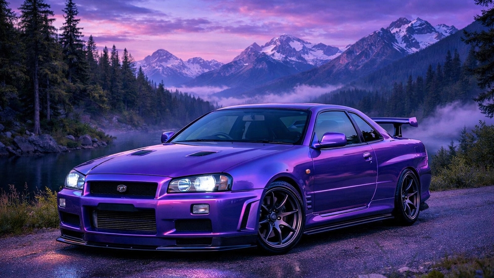 Purple Nissan Skyline JDM Legend by Misty Alpine Lake at Dusk wallpaper
