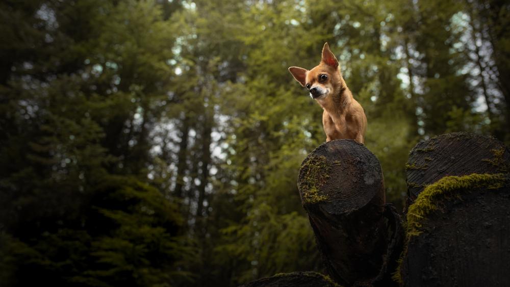 Forest Sentinel Chihuahua on Mossy Logs in 5K wallpaper