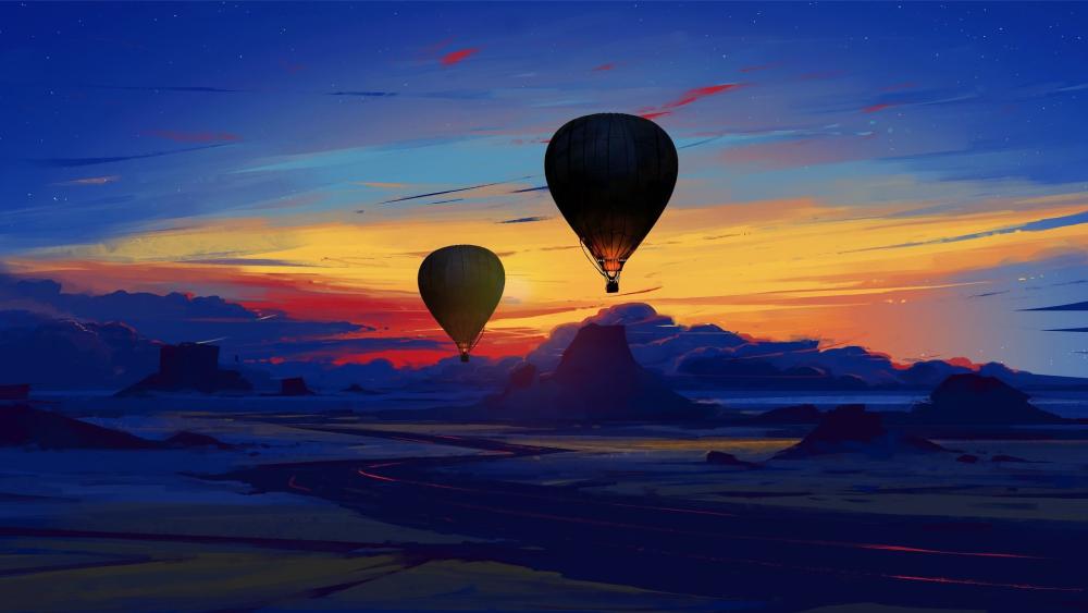 Silent Balloons Drifting Through Dusk Over a Dreamlike Painted Horizon wallpaper