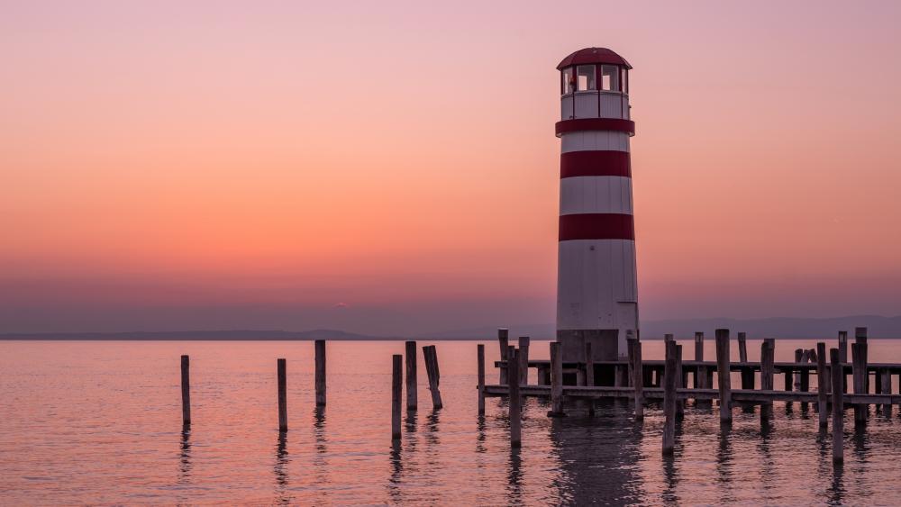 Podersdorf Lighthouse Sunset Over Tranquil Lake Neusiedl Pier wallpaper