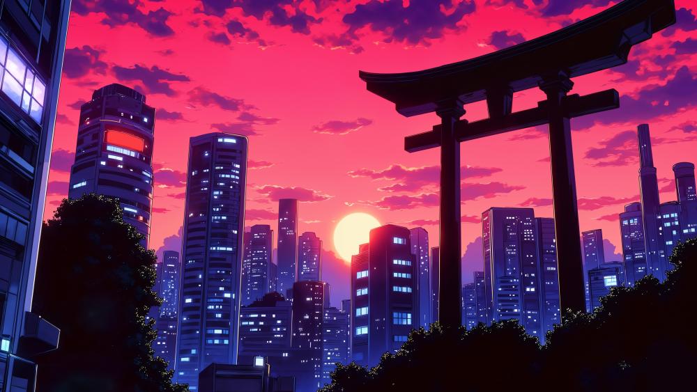 Neon Sunset Over Torii Gate in a Dreamy Anime Cityscape wallpaper