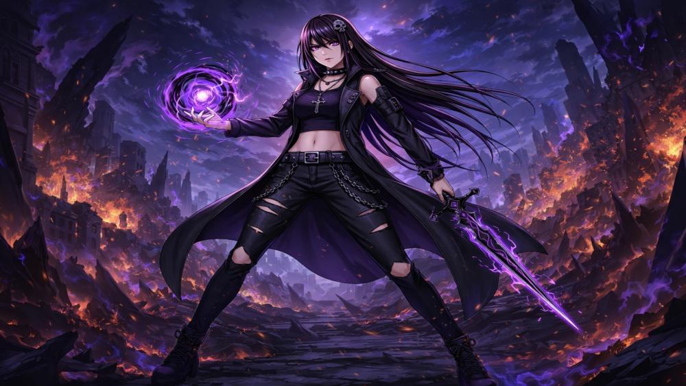Gothic Anime Swordswoman Summons Violet Magic in a Burning Ruinscape 4K wallpaper