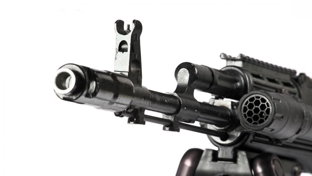 Close Up Military Rifle Barrel on Clean White Background wallpaper