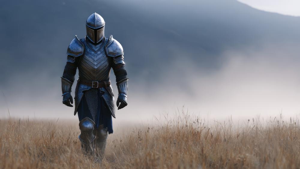 Lone Armoured Crusader Walking Through Misty Fields at Dawn wallpaper