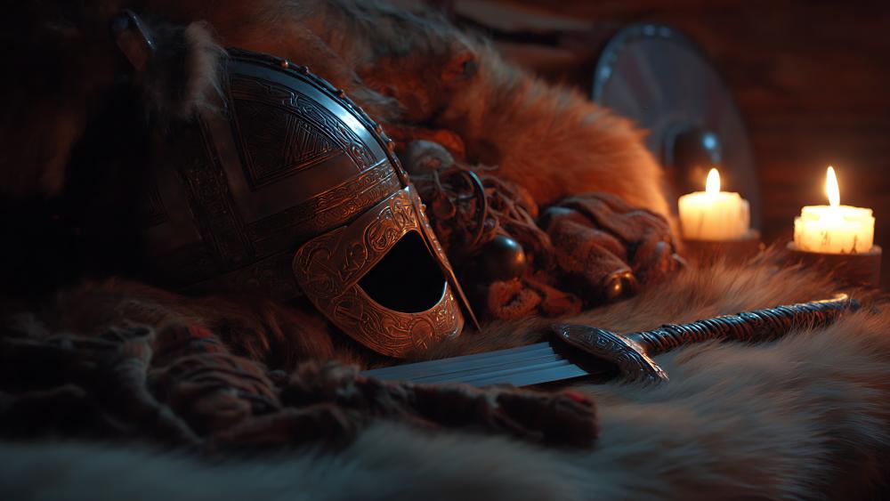 Candlelit Viking Armour and Blade Resting on Fur wallpaper
