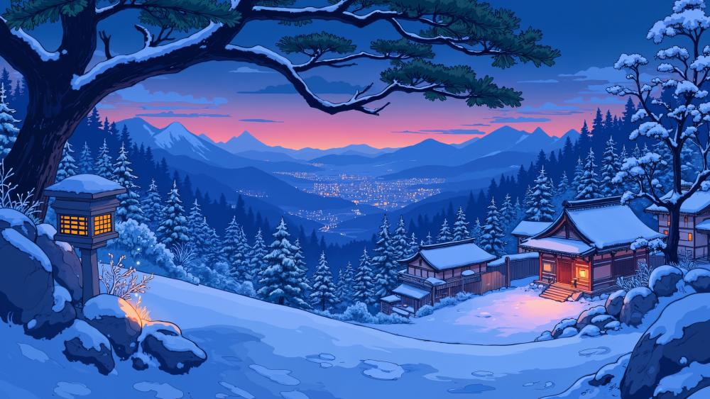 Serene Anime Winter Night Over Mountain Village in Japan wallpaper