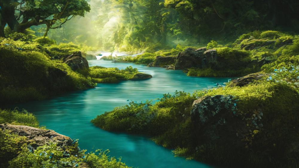 Sunlit Emerald Forest Creek in Dreamlike 4K AI Art wallpaper
