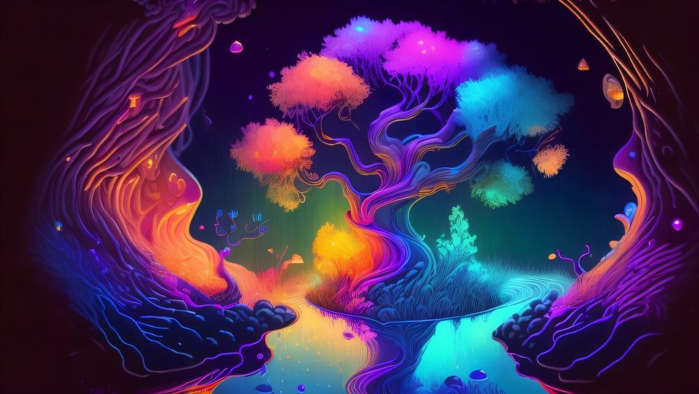 Neon Dreamtree in a Luminous Abstract Forest Realm wallpaper