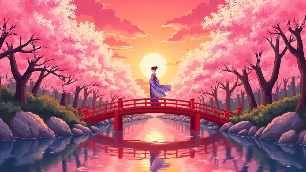 Geisha on Red Bridge Beneath Sakura Sunset in Anime Spring wallpaper