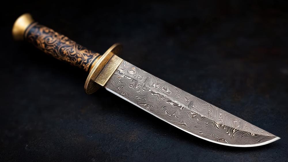 Damascus Bowie Knife on Dark Steel Background 5K Military Wallpaper wallpaper
